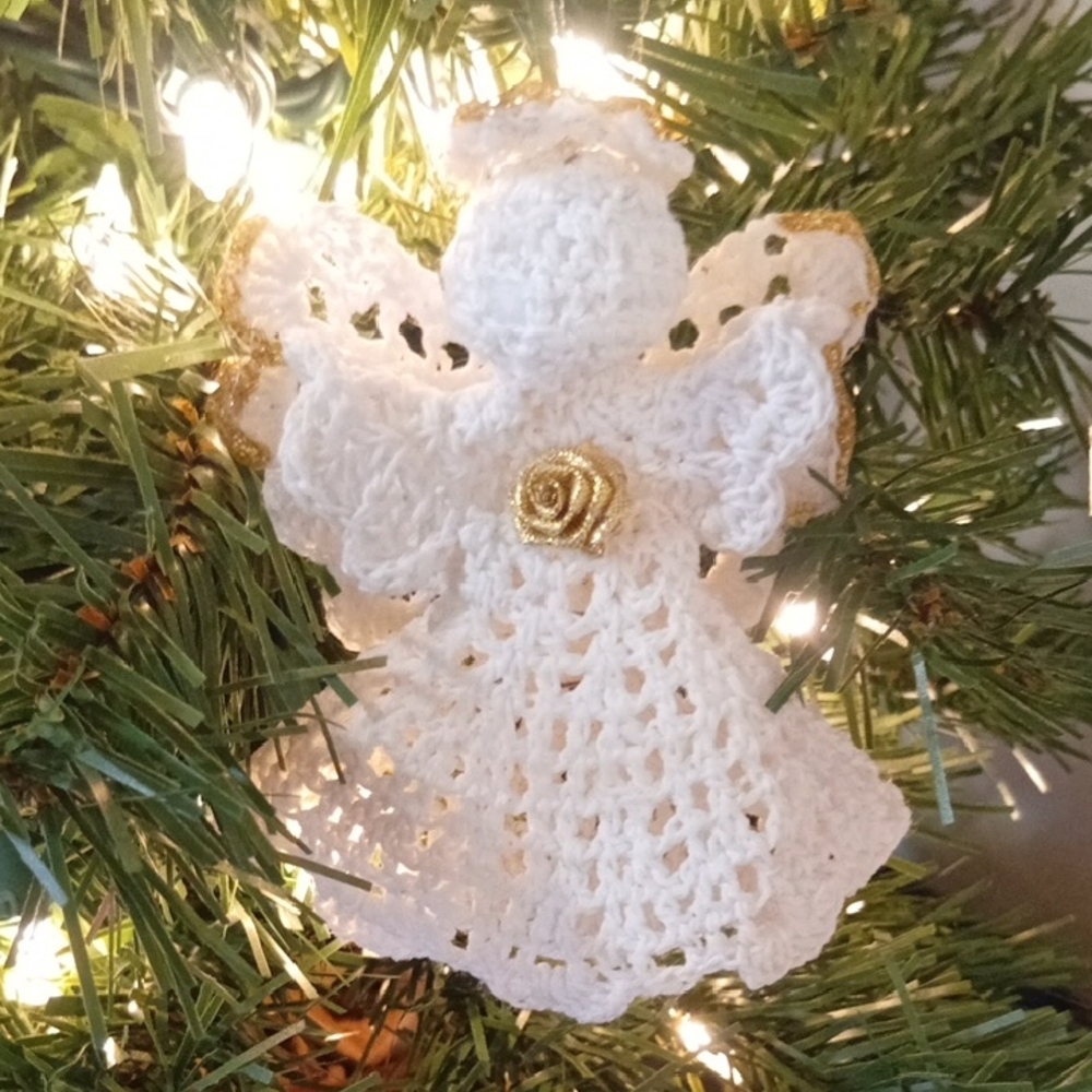 Elegant White and Gold Crochet Angel Ornament